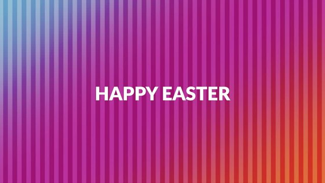Vibrant horizontal stripes create a cheerful backdrop for the Happy Easter text at the center. The image exudes joy and brightens the Easter spirit