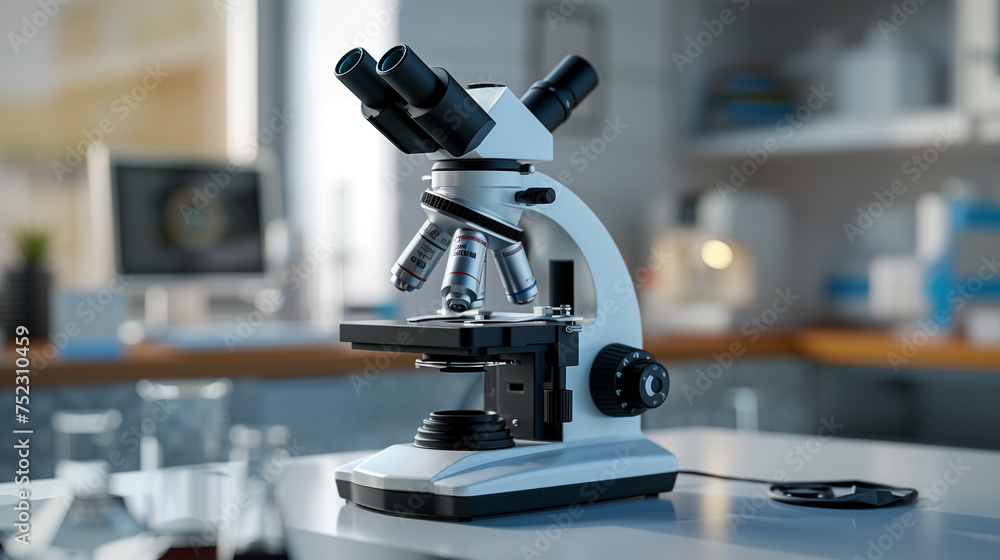 Poster modern microscope on table in laboratory