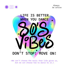 Urban typography street art slogan print. Graffiti tag of 80s vibes. Editable retro print banner.  Holographic vector print for music festival, party idea. Nostalgia for 1980s.
