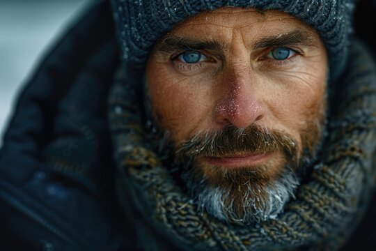 A portrait of a brutal bearded man wearing a hat and scarf, exuding a rugged and stylish look.
