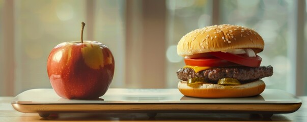 Comparison of healthy and unhealthy food, an apple and a hamburger on a plate.