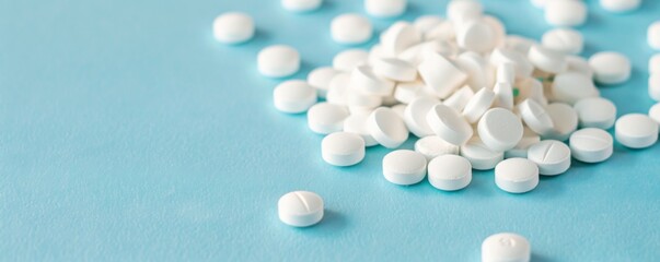 A pile of medicines on a blue background.