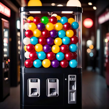 M&aacute;quina expendedora de bolas de colores azul morado rojo amarillo blanco, de caramelo y chicle