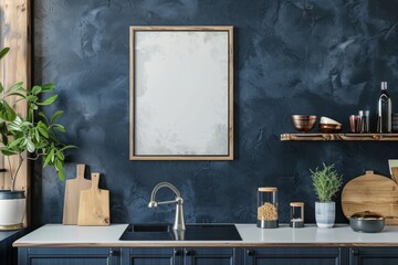 Blue Wall Kitchen With Wooden Shelves