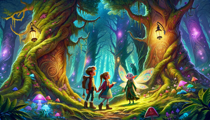 Enchanting forest scene featuring two children meeting a fairy, surrounded by glowing mushrooms, magical lanterns, and ancient trees, evoking a whimsical and magical adventure.