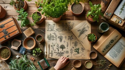 Garden Design Sketching, Person sketch a plant for garden plan - obrazy, fototapety, plakaty