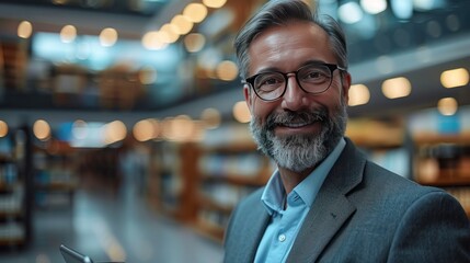 Obraz premium Businessman using the tablet and writing the order stock on Supermarket blur background, business.