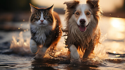 Cats and dogs running and playing by the sea conveys friendship