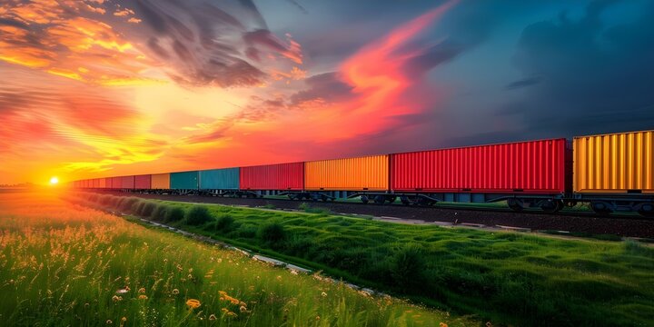 A train carrying cargo containers moving at sunset painted with vibrant red hues. Concept Cargo Train Sunset, Vibrant Red Hues, Transportation Photography, Industrial Landscape, Sunset Silhouette