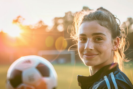 portrait of a young woman player practicing with soccer ball