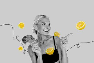 Creative abstract collage of woman pensioner vegetarian detox diet pointing finger smile lemon...