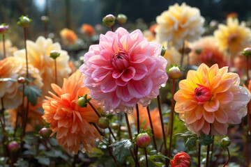 A bunch of vibrant dahlia  flowers gracefully lying in the lush green grass, creating a colorful...