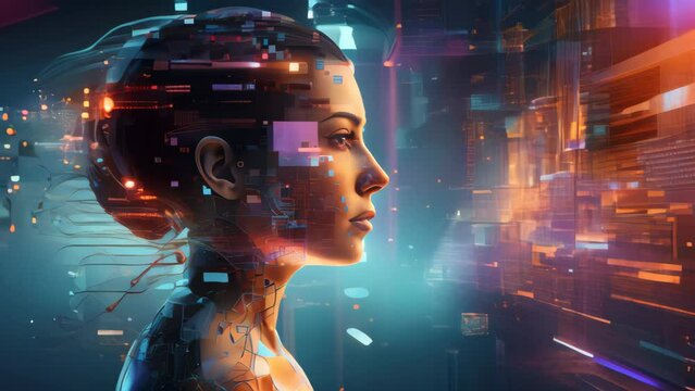 Cyber woman on technology abstract background. Generative ai.