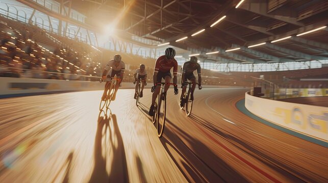 Track Cycling Race in Velodrome at Sunset Cyclists competing fiercely in a velodrome race as the sun casts dramatic shadows on the track.

