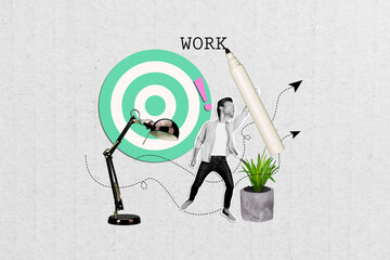 Photo collage abstract poster with motivation young guy holding pencil marker write notes how to...