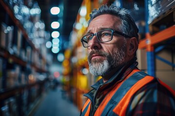 A focused warehouse worker in a reflective vest overseeing inventory in an industrial setting at night. - obrazy, fototapety, plakaty