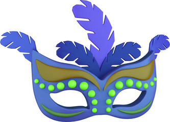 3D illustration render of a bright colored carnival mask with feathers on transparent background