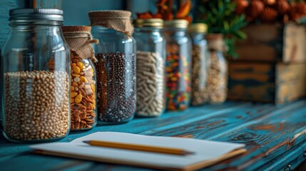 Cereals in glass jars on the table next to a Notepad and pencil. Space for text - obrazy, fototapety, plakaty
