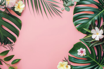 Fototapeta na wymiar Pastel pink background with around tropical leaf palm and beach flowers. Generative AI