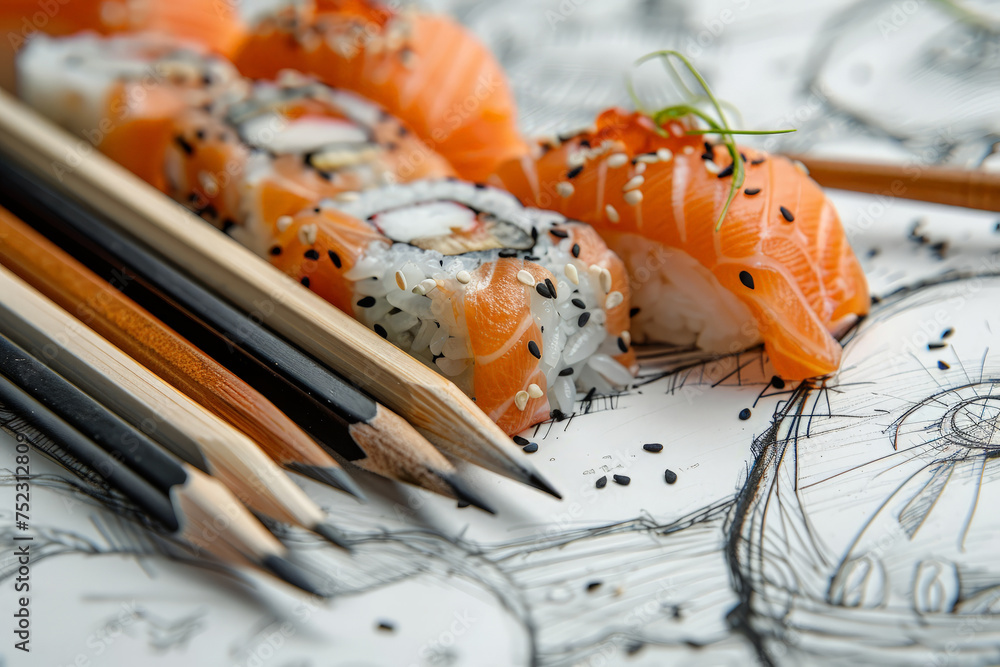 Poster A vibrant display of sushi and chopsticks set on an intricate drawing board, blending the worlds of food and artistry in a harmonious composition
