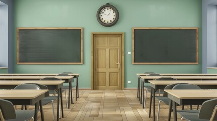 3D rendering of a contemporary classroom design, featuring sleek modern desks, ergonomic seats, a traditional blackboard, a wall-mounted clock, AI Generative