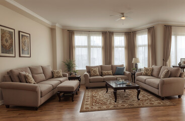 A well-lit modern elegant spacious living room with hardwood floors - two couches - chairs and elegant decor.