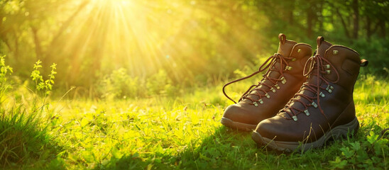 Two trekking boots positioned on moss, the backdrop blending into a gentle blur