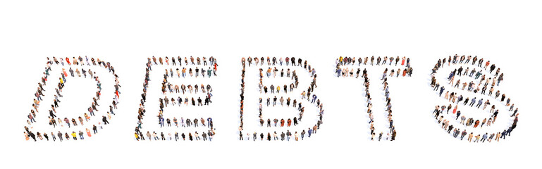 Concept or conceptual large community of people forming the word DEBTS.  3d illustration metaphor for financial burden under the form of mortgages,  loans, credit cards, taxes, bills and low savings