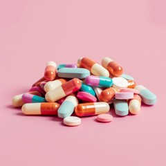 A view of medicines on a pink background.