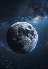 View of the moon in the night sky with the milky way in the background.