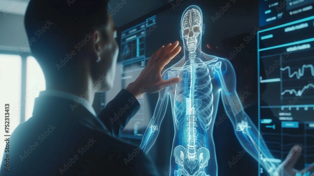 Aufkleber a businessman interacts with a futuristic 3d rendering of a digital x-ray human body scan interface.