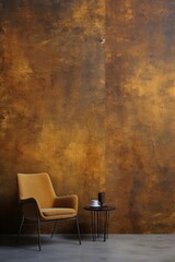 Brown leather chair on yellow faded grunge wall texture vertical background, quiet luxury minimal concept
