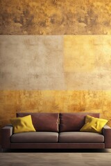 Brown leather sofa on yellow gold faded grunge wall texture vertical background, quiet luxury concept