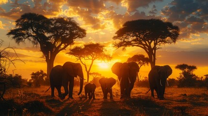 Fototapeta na wymiar A close-knit family of elephants, their silhouettes against the setting sun, AI Generative
