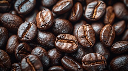 Fototapeta premium A close view of aromatic roasted coffee beans, each bean telling a story of flavor, passion, AI Generative