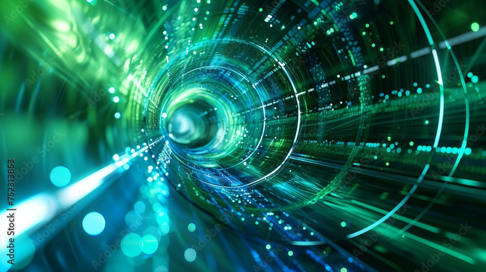 Poster a dynamic depiction of digital technology speed connect, with a swirling blue and green background v