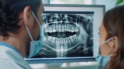 A dentist showcases an X-ray of a patient's teeth to them, pointing out areas of concern and discussing treatment options. The clear and detailed X-ray on the monitor serves, AI Generative - obrazy, fototapety, plakaty