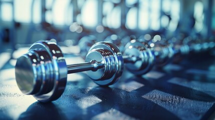 A dynamic, high-resolution image of shiny chrome dumbbells arranged on a sleek black rubber mat in a well-lit modern gym. The composition emphasizes the equipment's readiness for , AI Generative - obrazy, fototapety, plakaty