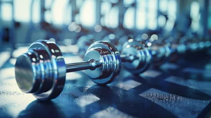 Foto op Aluminium A dynamic, high-resolution image of shiny chrome dumbbells arranged on a sleek black rubber mat in a well-lit modern gym. The composition emphasizes the equipment's readiness for , AI Generative © sorapop
