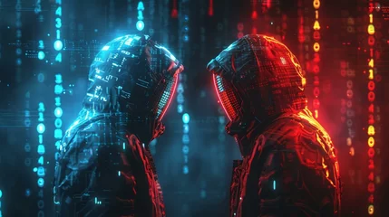 Tapeten A high-tech, intense scene featuring blue and red teams in hacker-like attire, defending a network against a breach, encryption algorithms and glowing lines in the dark background, AI Generative © sorapop