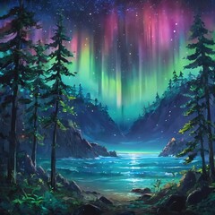 Enchanting Northern Lights Over a Serene Forest Cove at Twilight