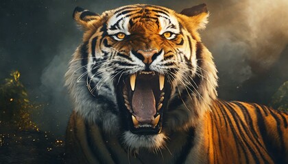 Obraz premium Majestic Tiger's Ferocious Roar Captured in Stunning Close-Up Imagery
