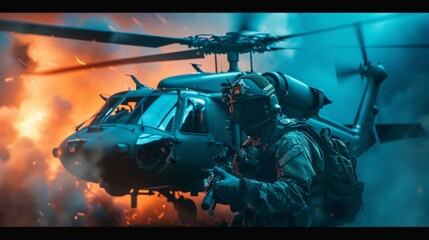 a military chopper with a special ops unit with black tactical gear in front of it, dramatic lighting, blue and orange tone, ultra high definition, AI Generative