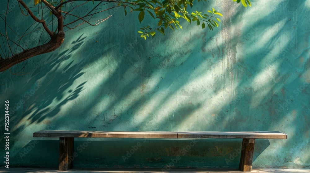 Poster a pristine empty wooden table, foregrounding a vibrant green background that exudes freshness and tr