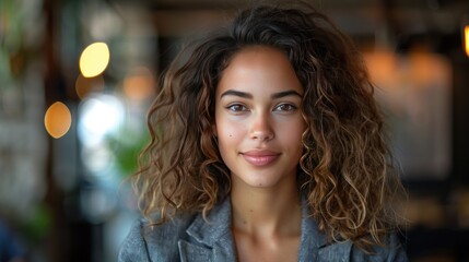 Happy smiling beautiful young businesswoman showing blank signboard with empty copyspace area for slogan or advertising text message, on grey background.