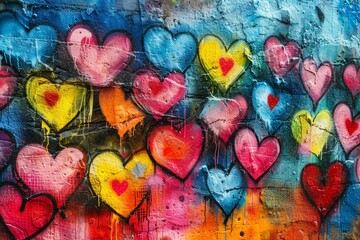 colorful hearts as graffiti love symbol on wall