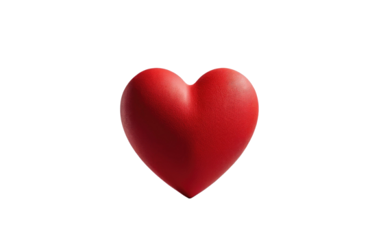 Big red heart symbol, isolated on a stark white background, soft shadow beneath, high-resolution stock photograph, focus centered on heart, matte texture, simplicity and minimalism highlighted