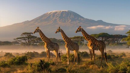 A trio of giraffes, with the imposing Mount Kilimanjaro rising behind, AI Generative