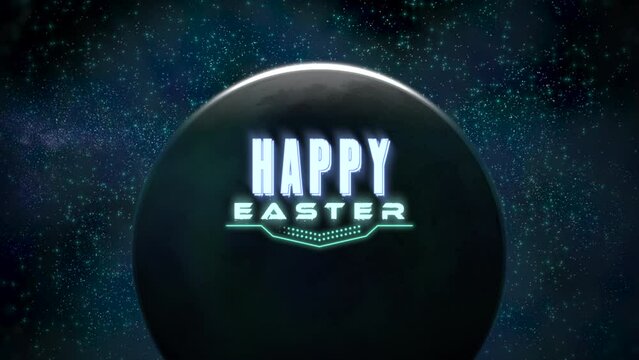 A black Easter egg with the word happy written on it floats in a dark, star-filled space. The image captures the symbolic essence of the holiday