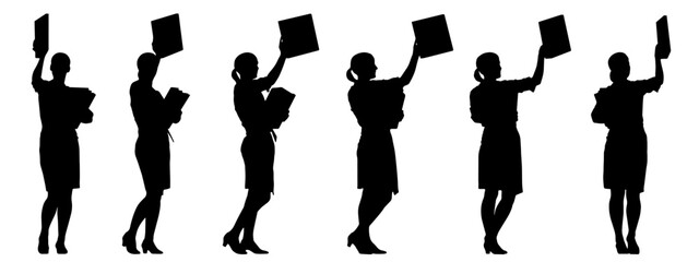 Vector concept conceptual black silhouette of a woman working from different perspectives isolated on white background. A metaphor for business, corporate, management, administrative and organization